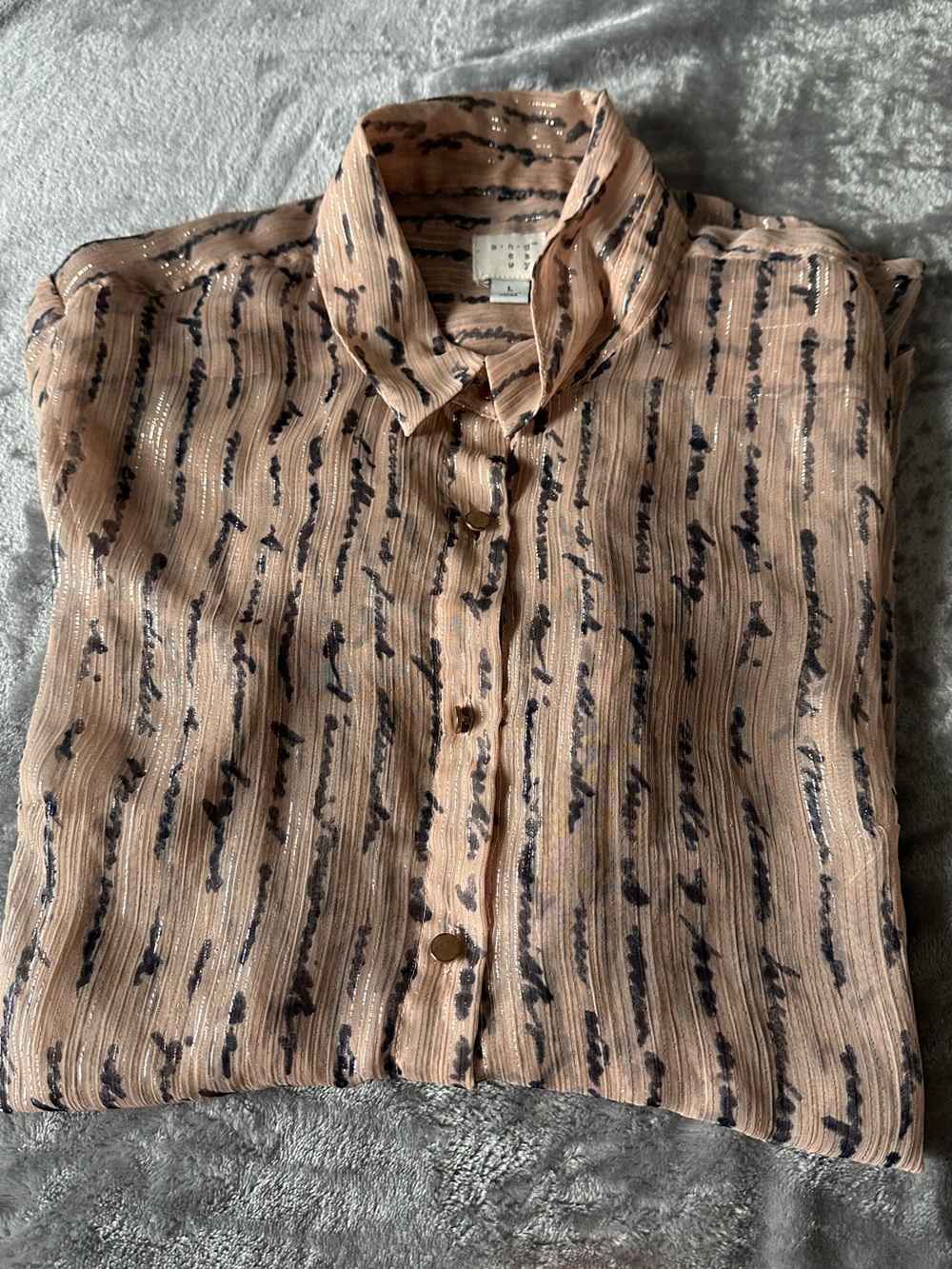 A New Day Sheer Tan Button-Up Blouse, Silver Lurex & Black Scribble Stripes Sz:L